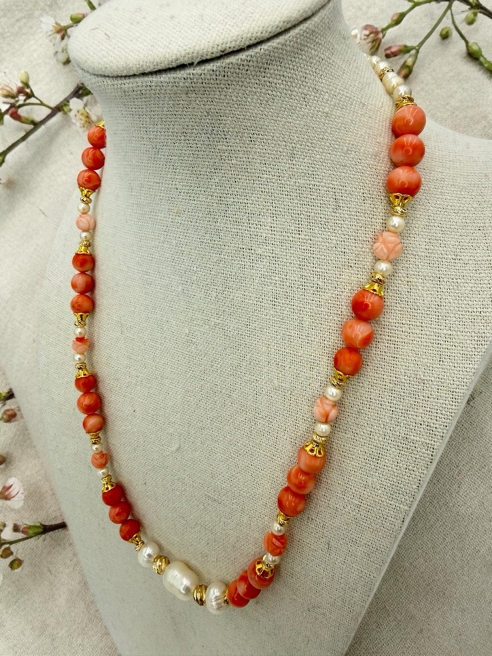 Artisan Angel Skin Coral Genuine Pearl Carved Coral accents Necklace Gold 18”